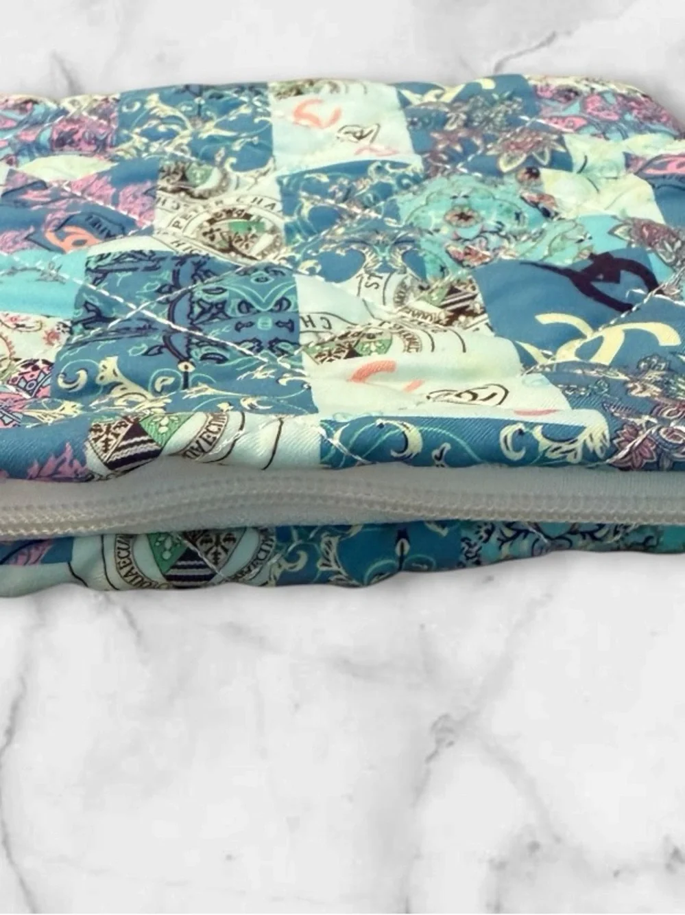 NWOT Source Unknown Patchwork Quilted Cosmetic Pouch - Blue, Teal & Pink